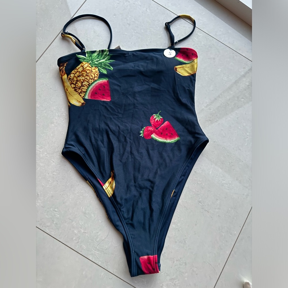 FOREVER 21 High Leg One Piece Swimsuit Multicolor Navy Tropical Size S NEW